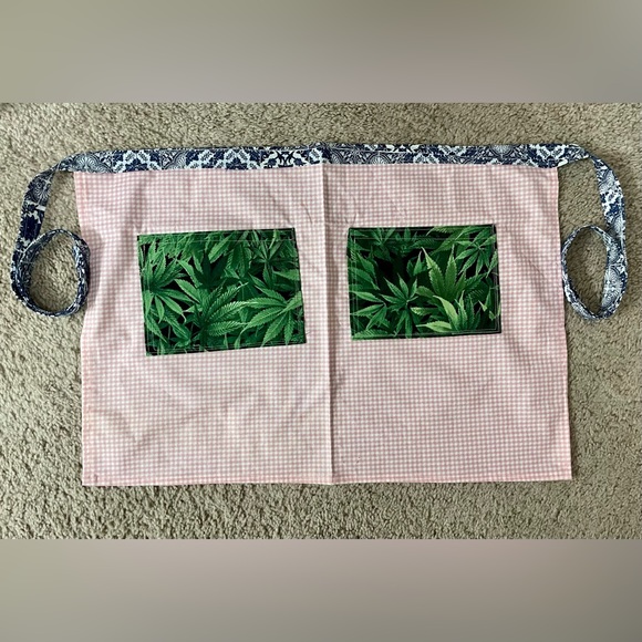 New, handmade half apron in pink houndstooth and cannabis/ weed fabric & pockets